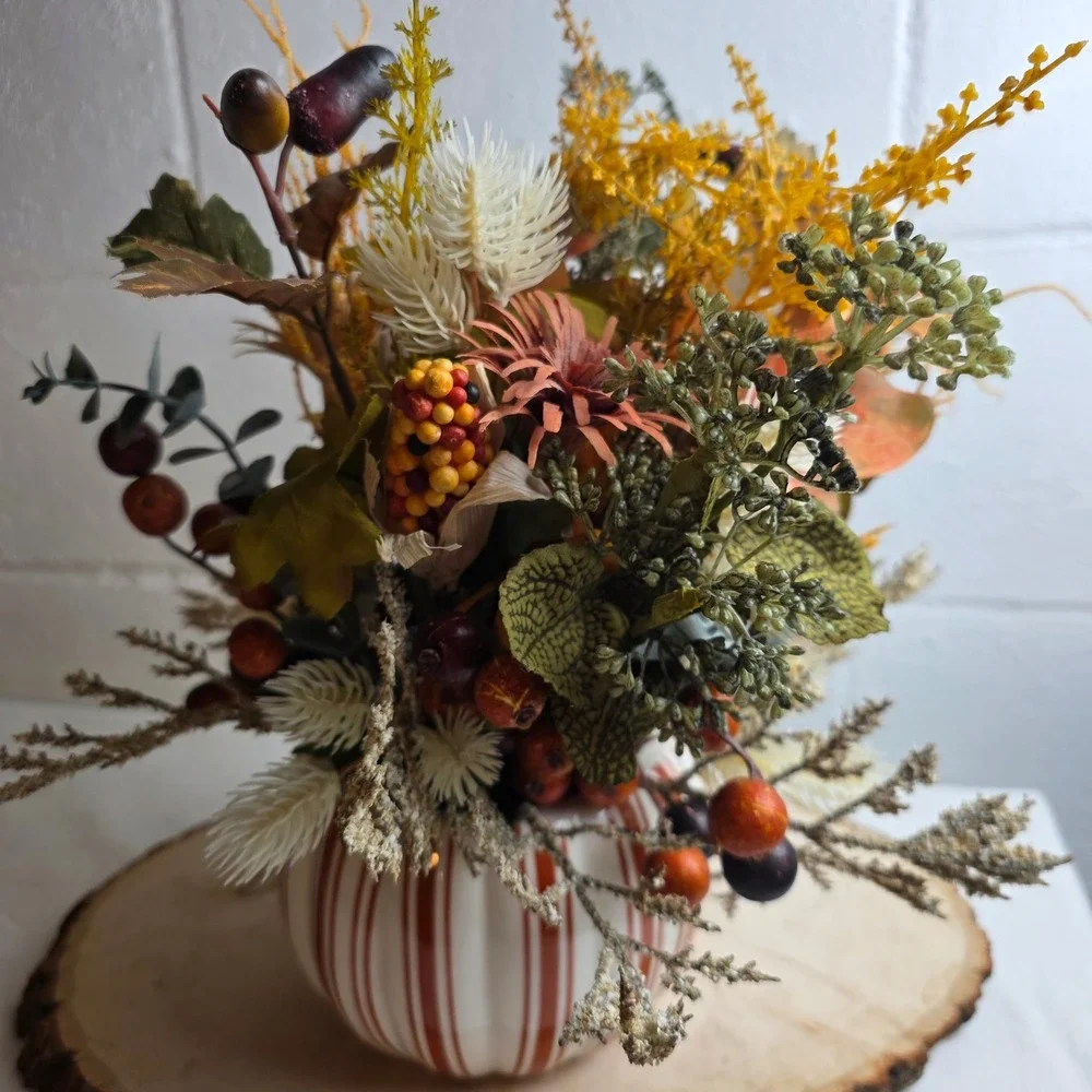 Fall Harvest Artificial Floral Arrangement in Striped Ceramic Pumpkin Pot